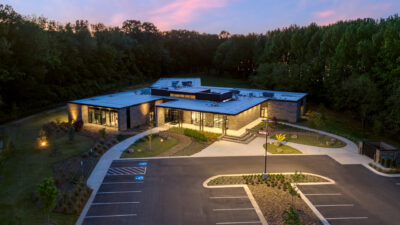 Exterior aerial of Farm Credit HQ, constructed by Nabholz